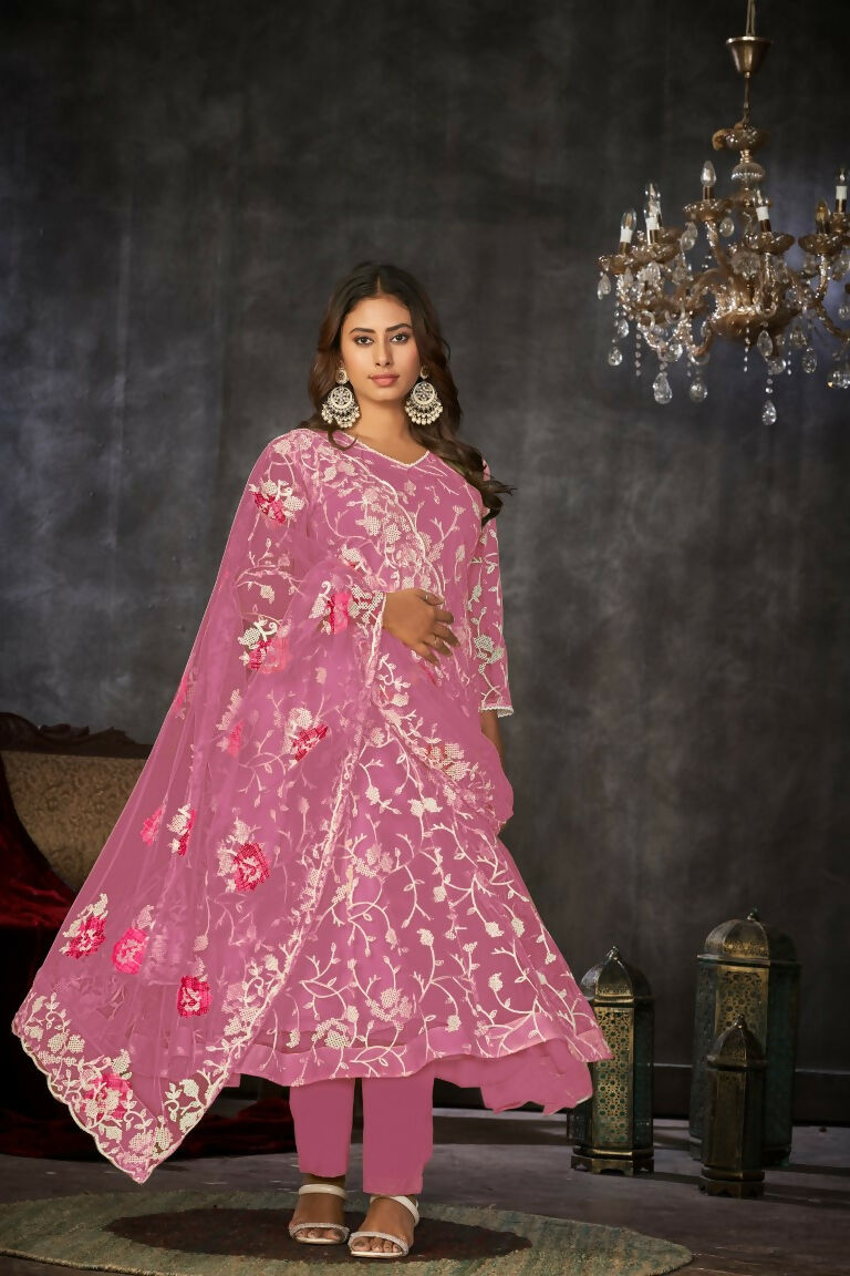 Jyoti Fashion Women's Pink Net Embroidered Anarkali Kurta Pant Set With Dupatta | Swadesiicart