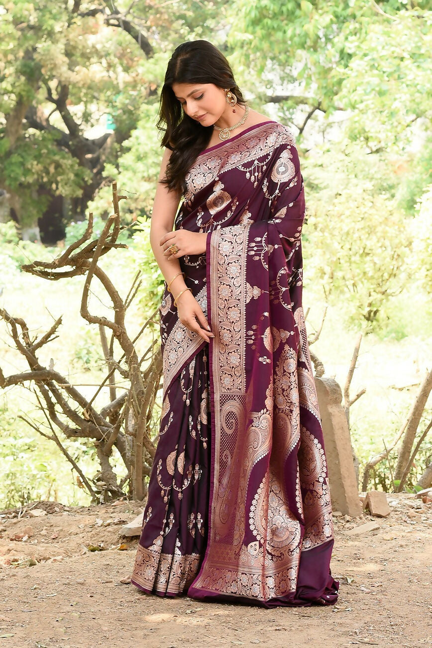 Joban Fashion Wine Banarasi Soft Pure Handloom Banarasi Silk Saree | Swadesiicart