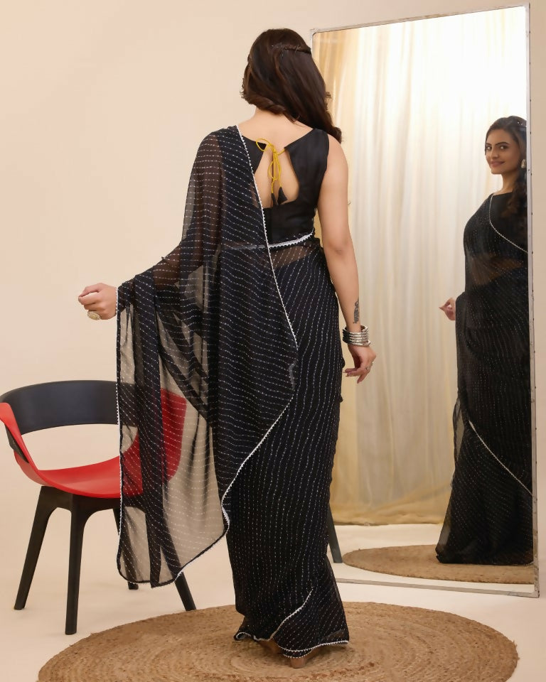 Black Georgette Designer Printed Ready To Wear Saree - Ibiza | Swadesiicart