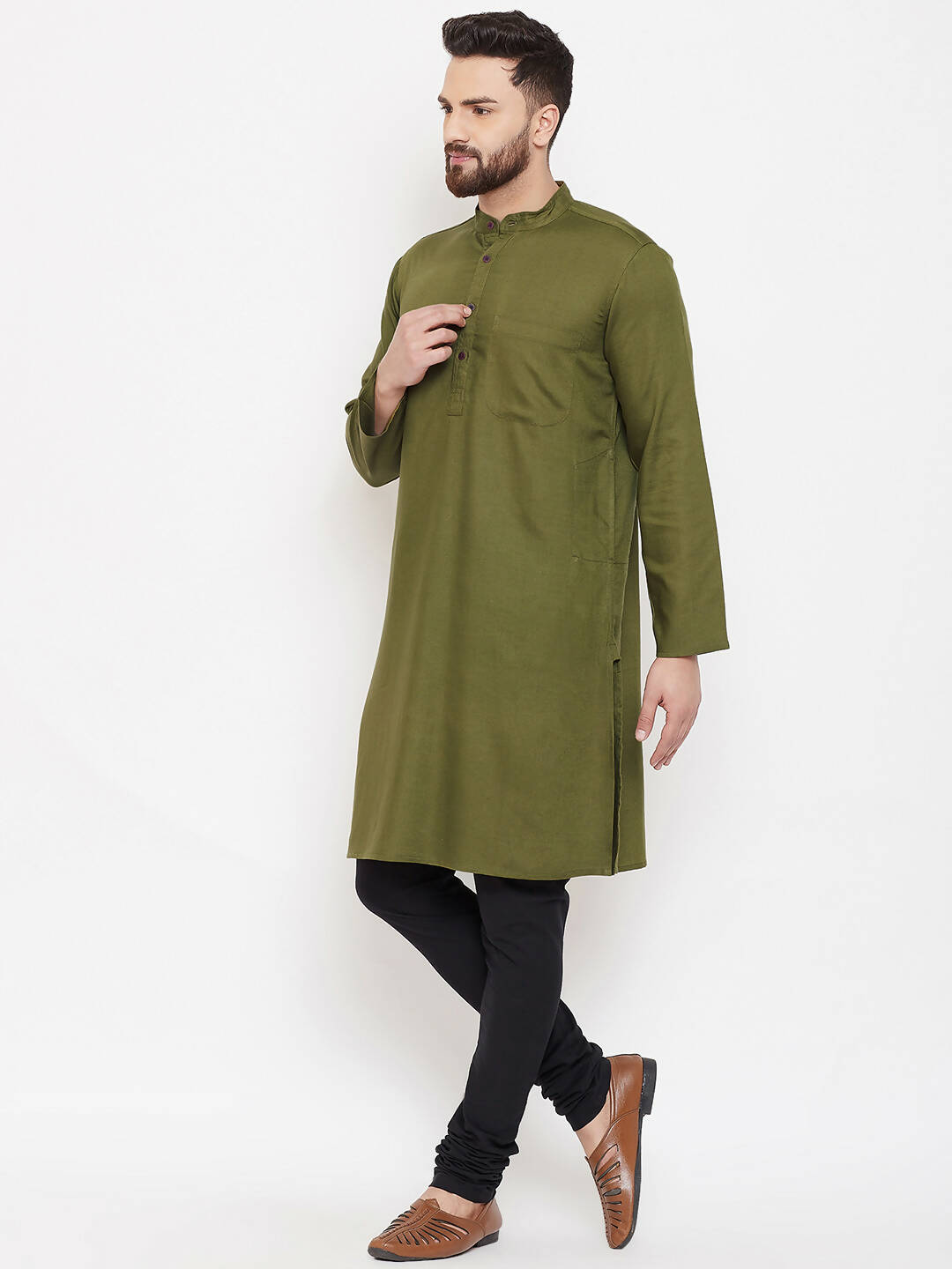 Even Apparels Green Linen Men's Kurta With Band Collar | Swadesiicart