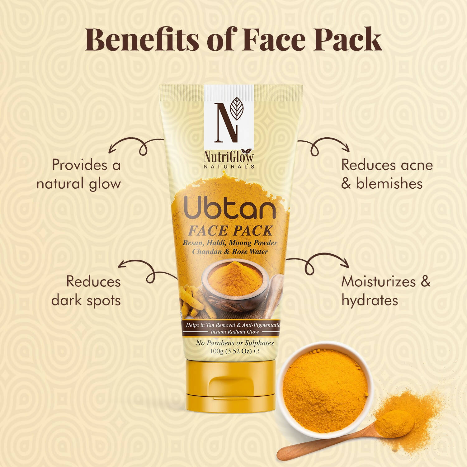NutriGlow NATURAL'S Ubtan Face & Body Pack with Haldi & Chandan - Swadesiicart