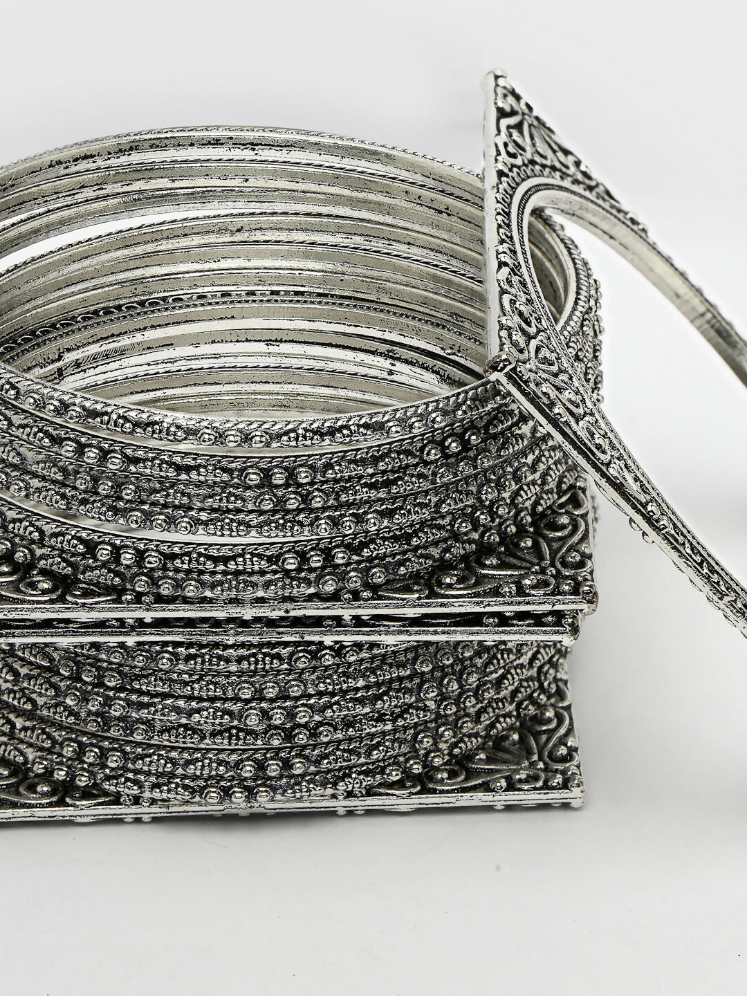 NVR Women's Set of 8 Silver-Toned German Silver Oxidised Bangles - Swadesiicart