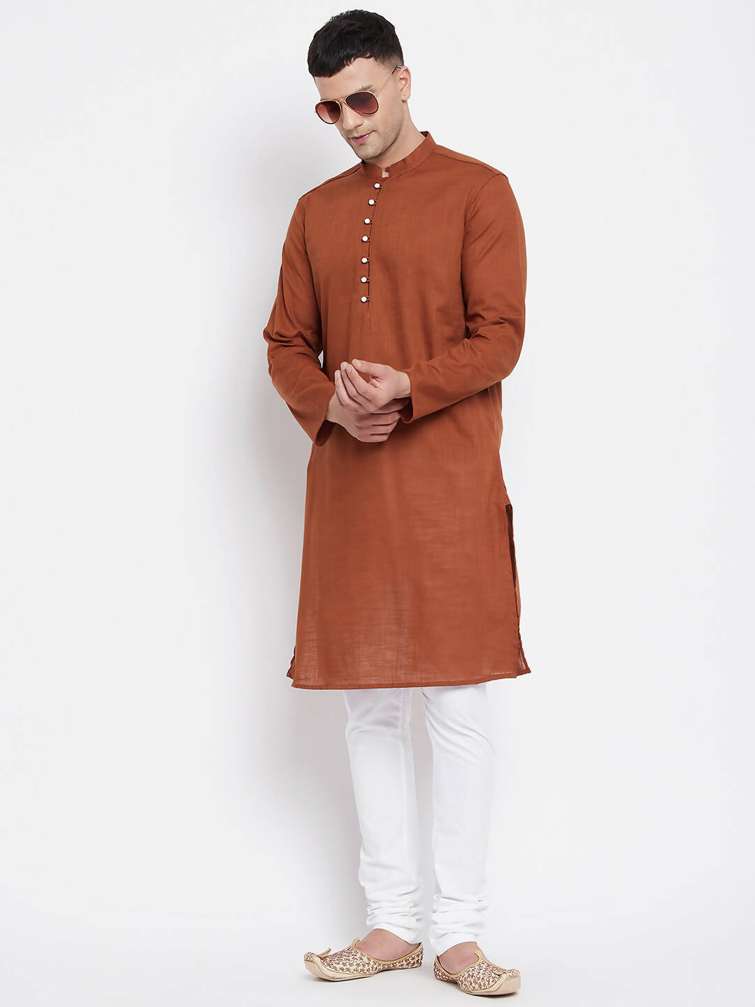 Even Apparels Brown Color Pure Cotton Men's Kurta With Band Collar | Swadesiicart