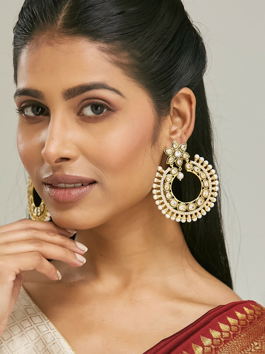 Nuyug 22K Gold-Plated Kundan Studded & Pearl Beaded Floral Chandbali Earrings | Swadesiicart