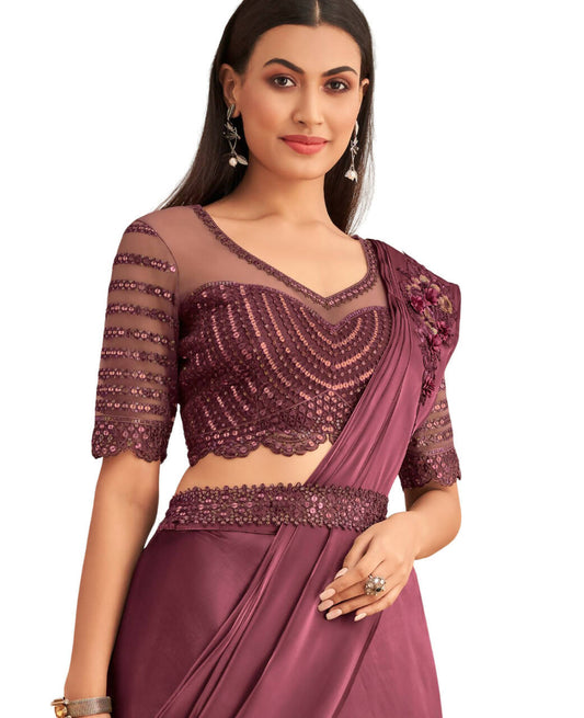 Wine Satin Embroidered Ready To Wear Saree With Unstitched Blouse Piece - Nandika | Swadesiicart