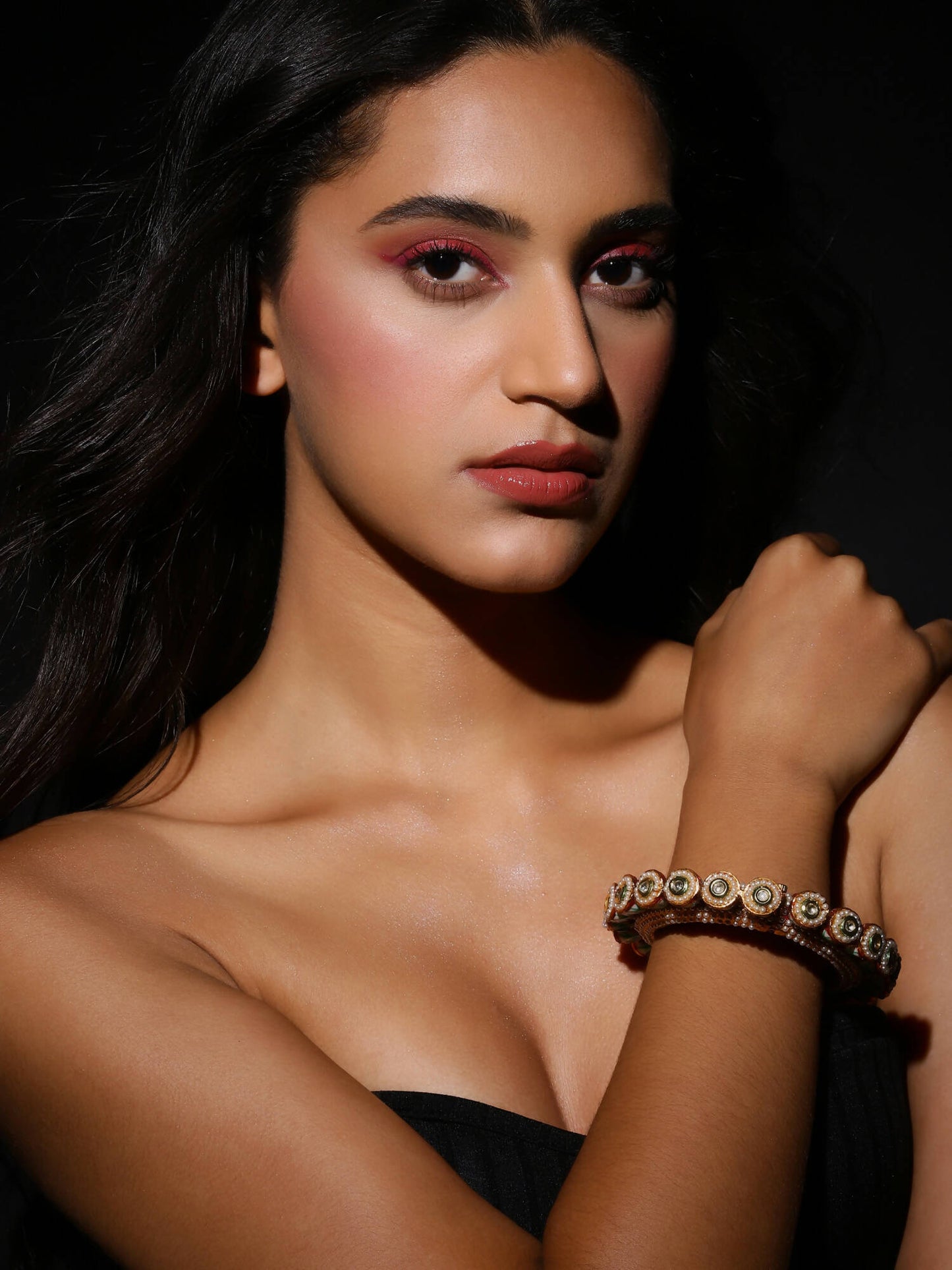 Gold-Polished Green Kundan-Studded Bangle - Ruby Raang - Ruby Raang Studio