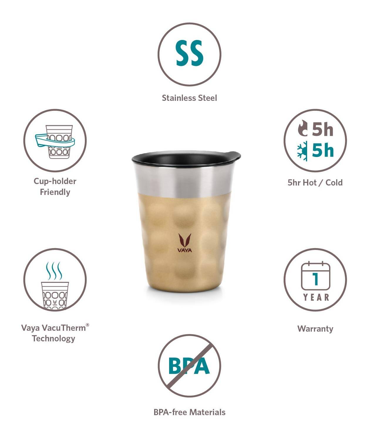 Vaya Popcup Insulated Coffee Mug Tumbler With Lid - 250 ml (Gold) | Swadesiicart