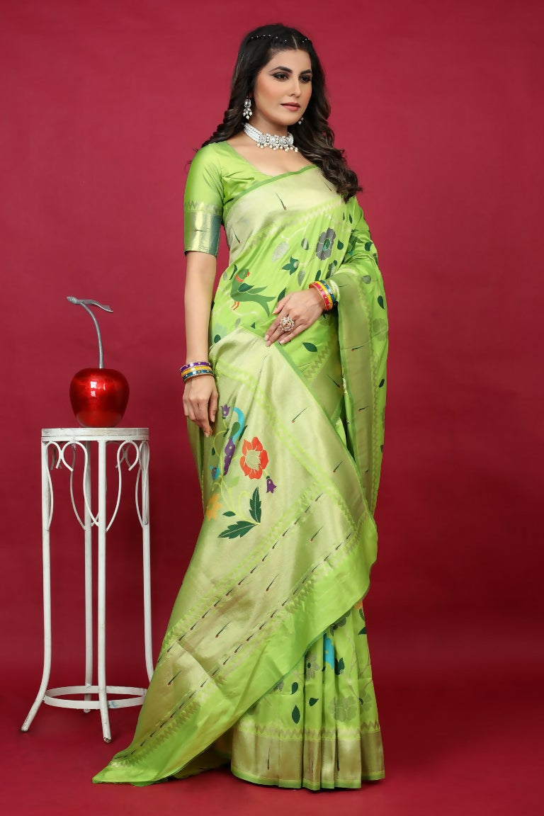 Jyoti Fashion Women's Parrot Green Paithani Silk Zari Woven Saree with Blouse | Swadesiicart