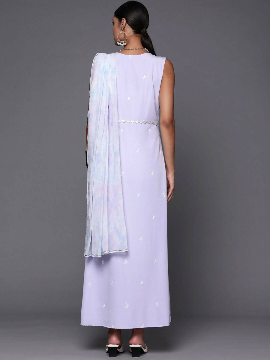 Ahalyaa Blue & White Floral Print Ethnic Maxi Dress with Attached Dupatta | Swadesiicart