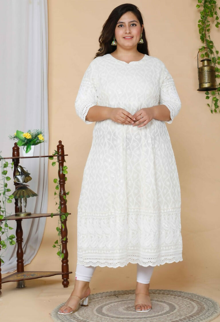 Miravan Women's Plus Size Beige Chikankari Thread Work Anarkali Kurta With Dupatta | Swadesiicart