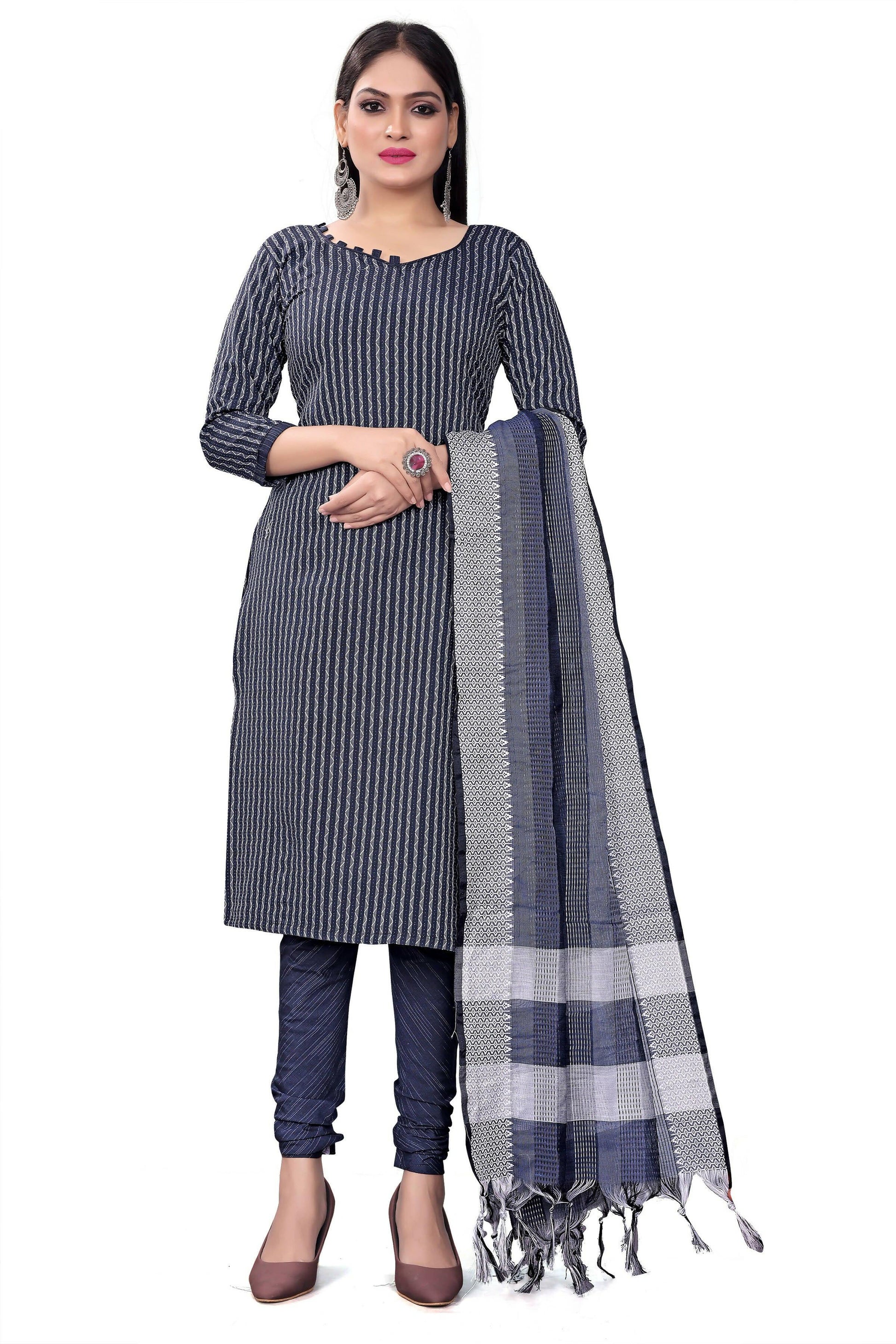 Blue Cotton Jacquard Woven Unstitched Dress Material - Amara
