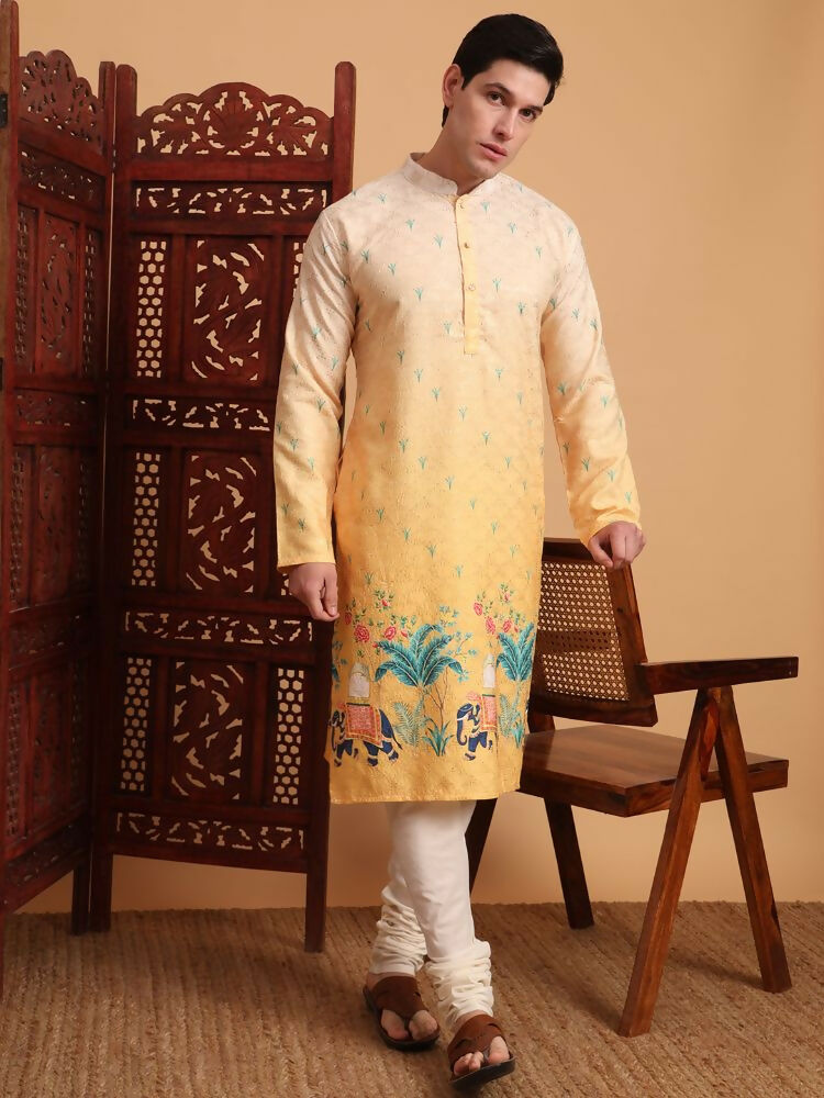 Yellow Cotton Printed Chikankari Embroidery Work Kurta - Mahotsav | Swadesiicart
