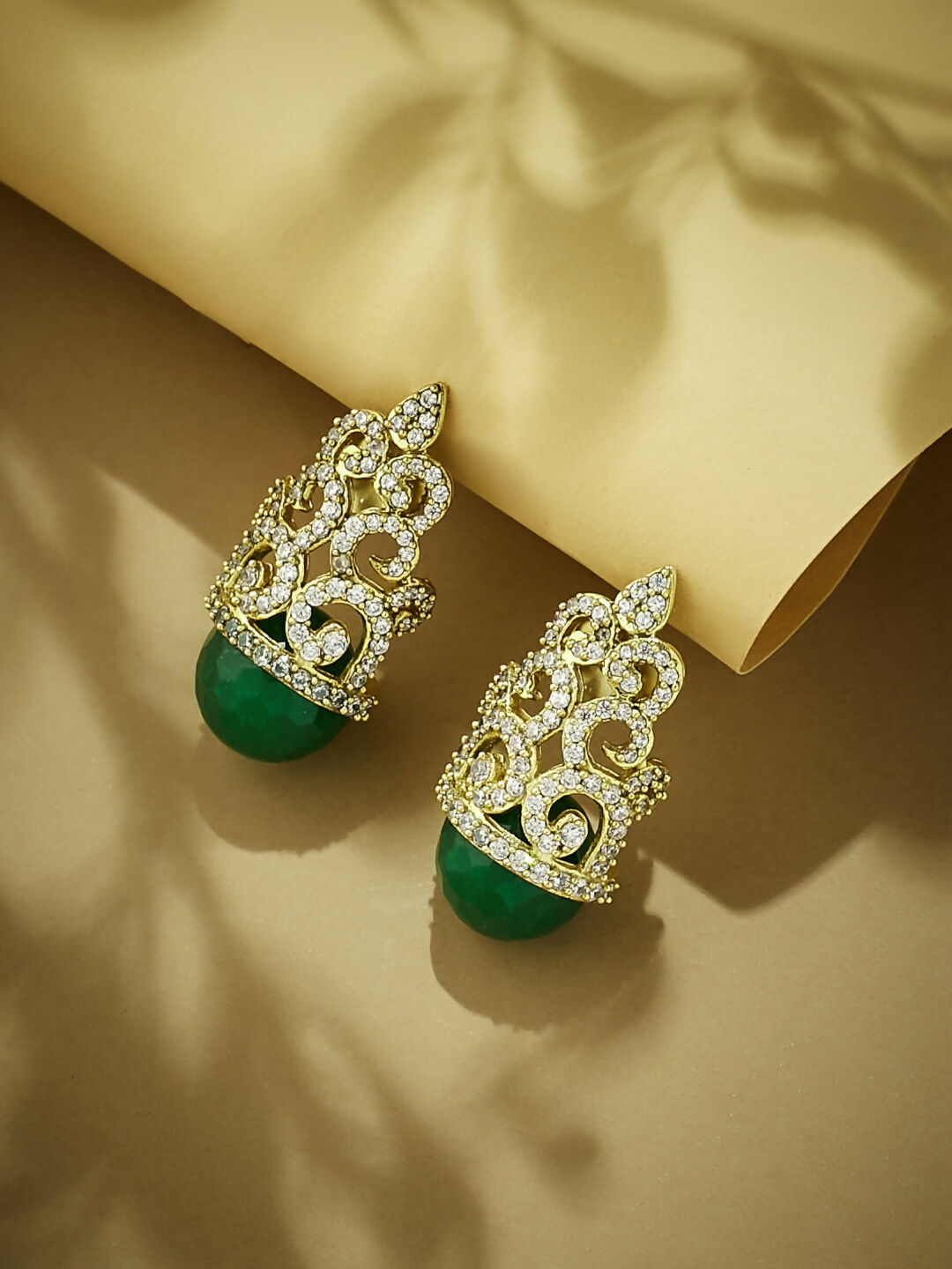 Nuyug 22K Gold-Plated Green Gemstone & Zircon Studded Contemporary Filigree Motif Studs | Swadesiicart