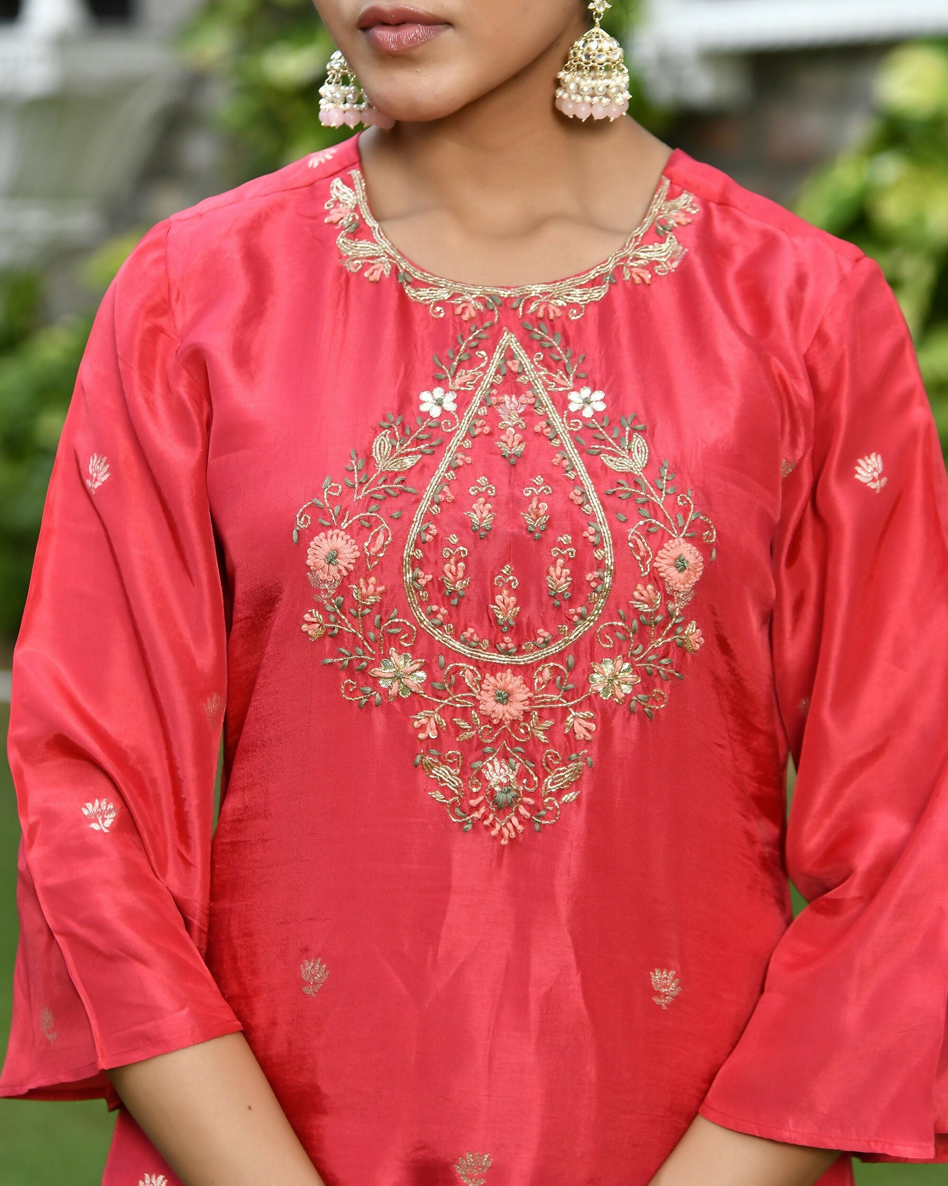 Vaasva Women's Silk Red Emboidered Solid Kurta, Sharara & Dupatta Set | Swadesiicart