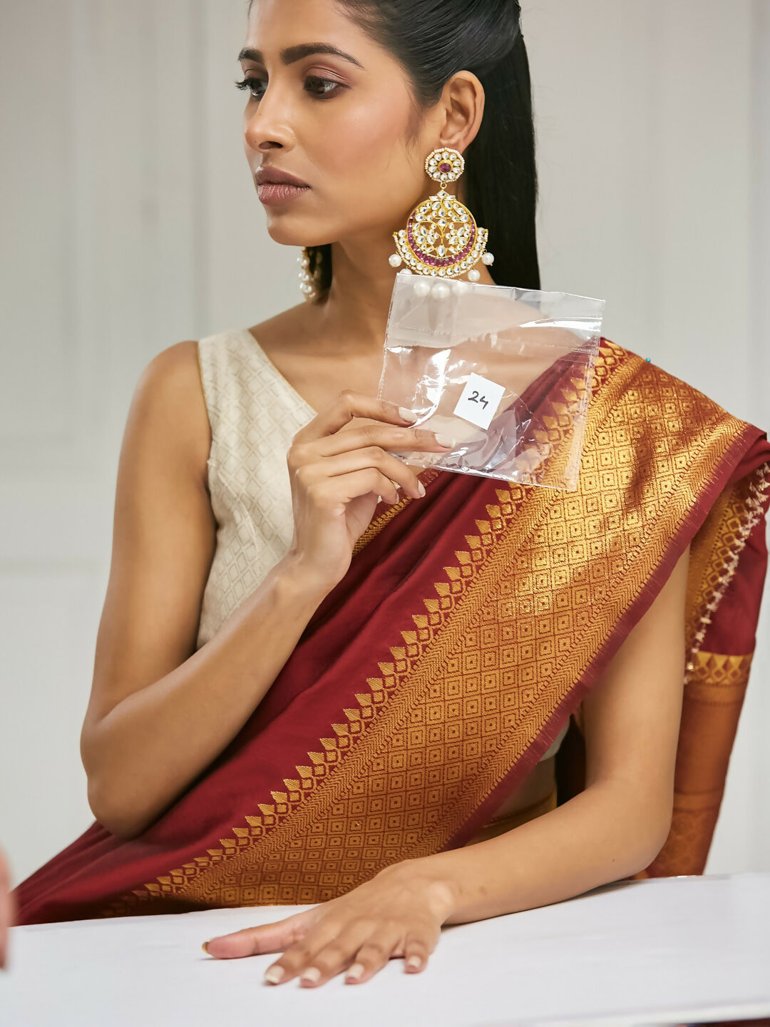 Nuyug 22K Gold-Plated Elegant Ruby & Kundan Stone Studded With Pearl Beaded Floral Chandbalis | Swadesiicart