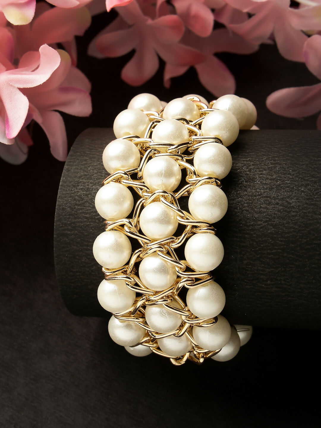 NVR Women White Beaded Elasticated Bracelet - Swadesiicart