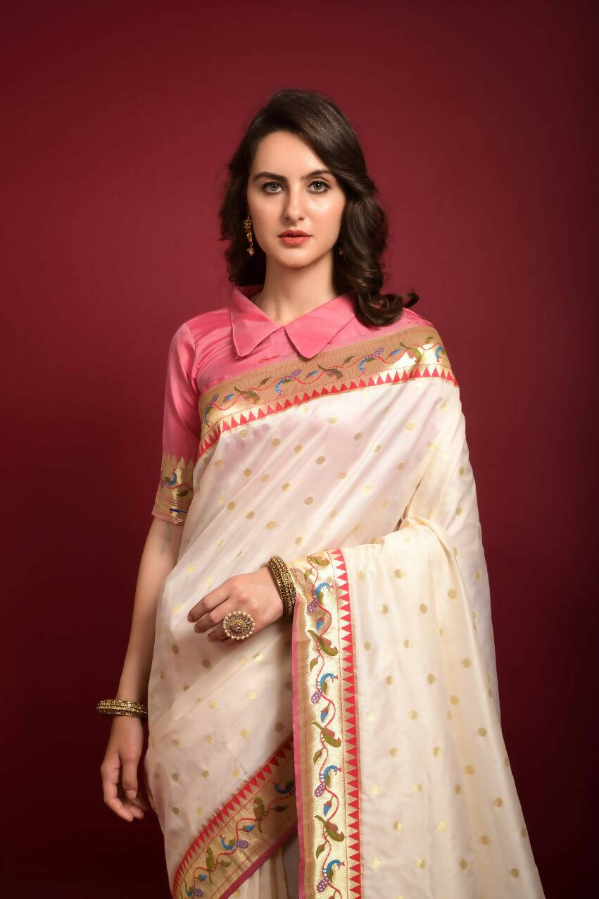 Vishnu Weaves Women's White Paithani Silk Zari Woven Saree with Unstitched Blouse - Swadesiicart