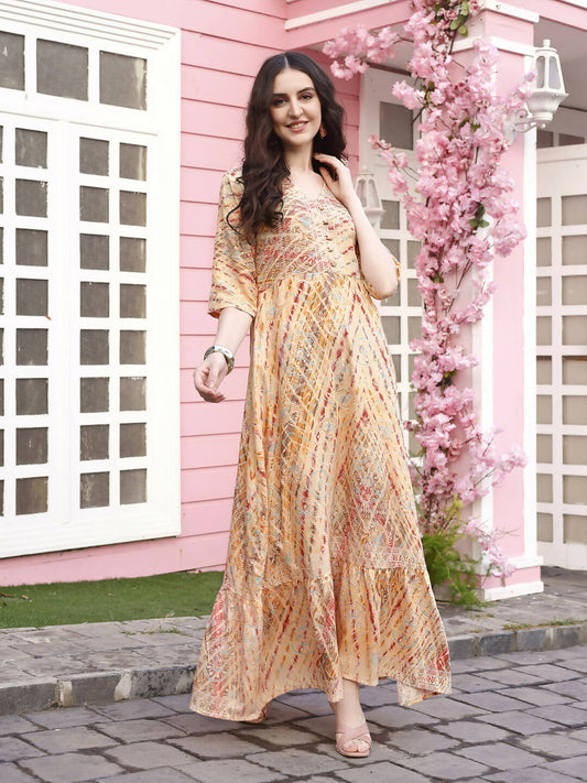 Peach Rayon Foil Printed Long Dress - Michan | Swadesiicart