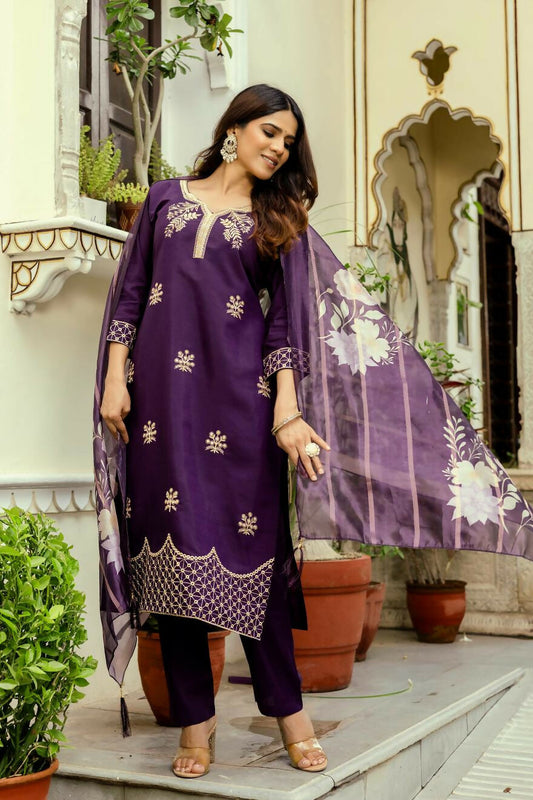 The52 Wine Women's Beautiful Viscose Chanderi Fabric Thread Work Straight Kurta Pant and Dupatta Set - Swadesiicart