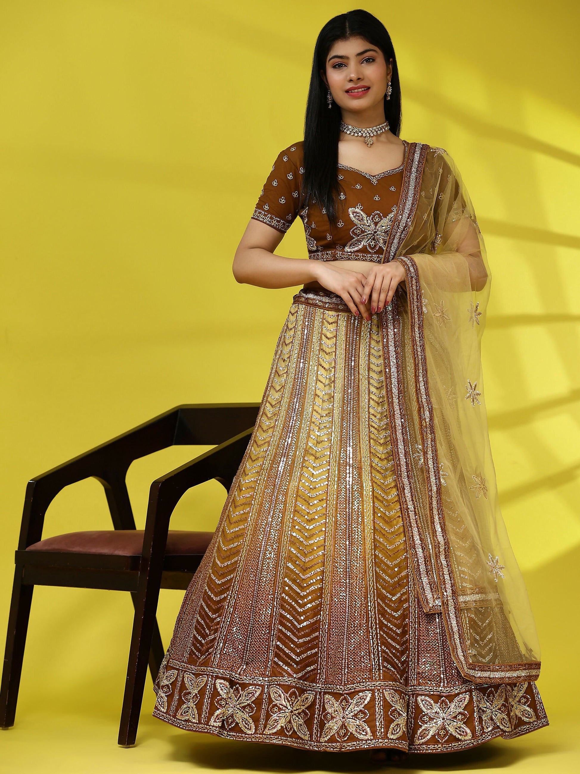 Brown Fancy Net Sequence Embroidered Lehenga Choli with Dupatta - Dhara | Swadesiicart