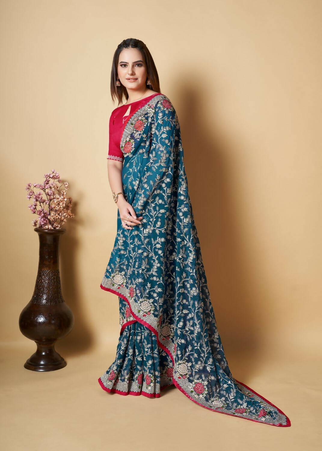 Vamsee Teal Organza Saree - Swadesiicart
