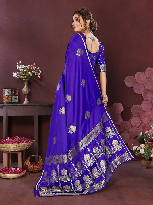Joban Fashion Royal Blue Floral Motifs Banarasi Silk Sarees | Swadesiicart