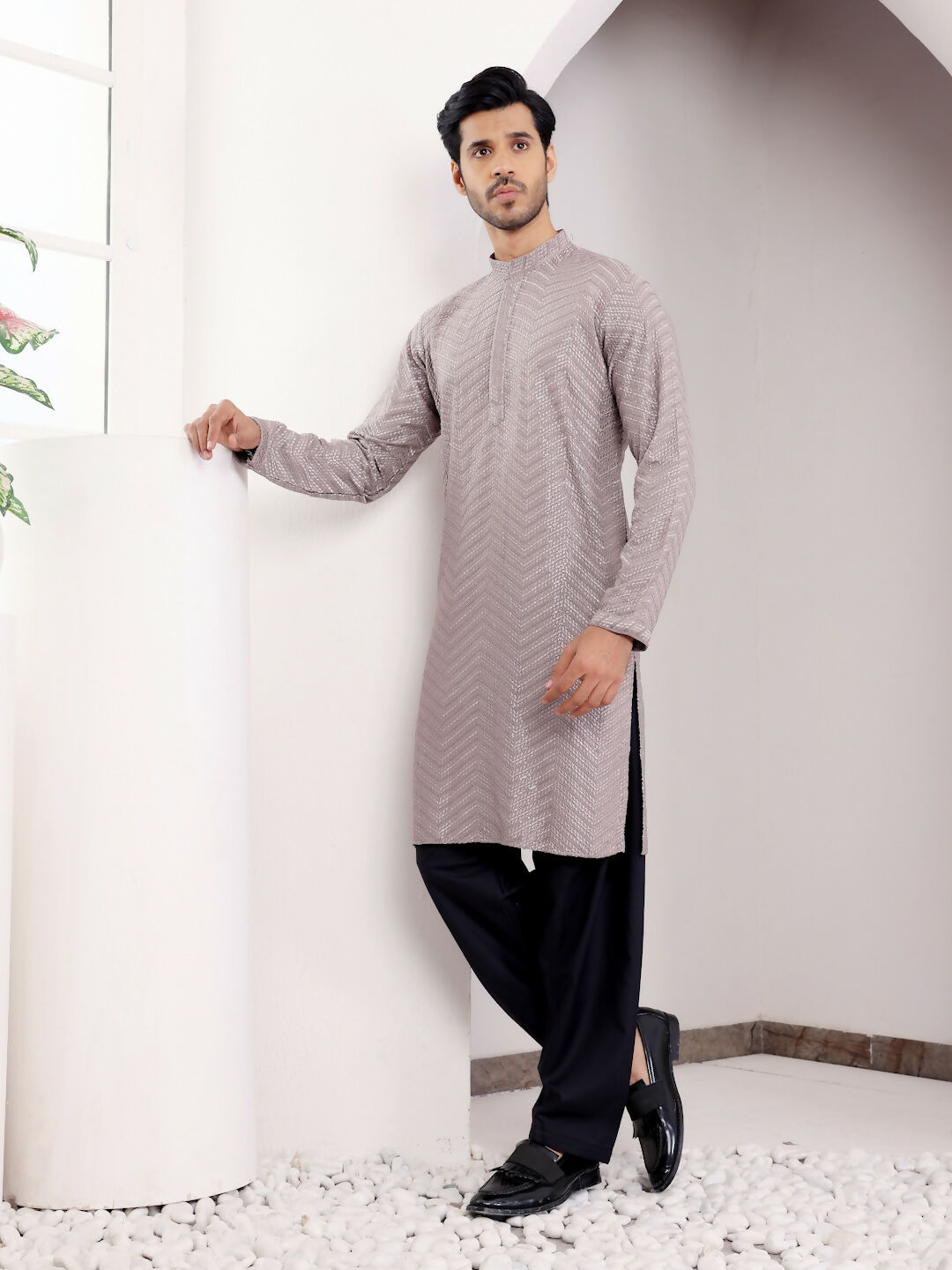 Grey Viscose Designer Chikankari Embroidery Work Men's Kurta - Mahotsav | Swadesiicart