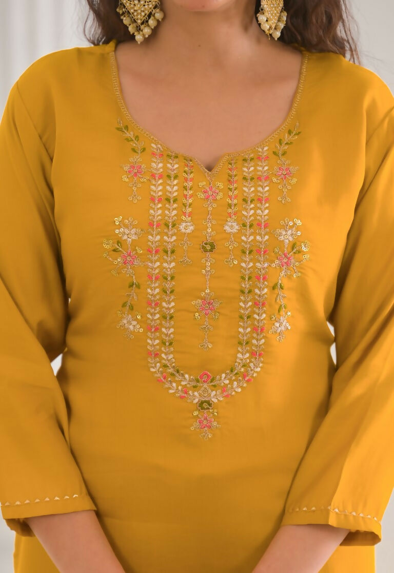 Ethnic Festive Wear Viscose Chanderi Yellow Stitched Suit With Dupatta - Tanisha | Swadesiicart