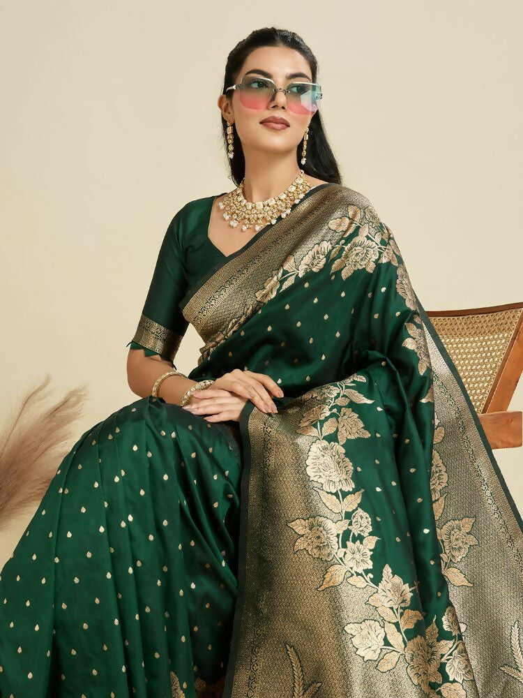 Vishnu Weaves Women's Bt-Green Banarasi Silk Zari Woven Saree with Blouse - Swadesiicart