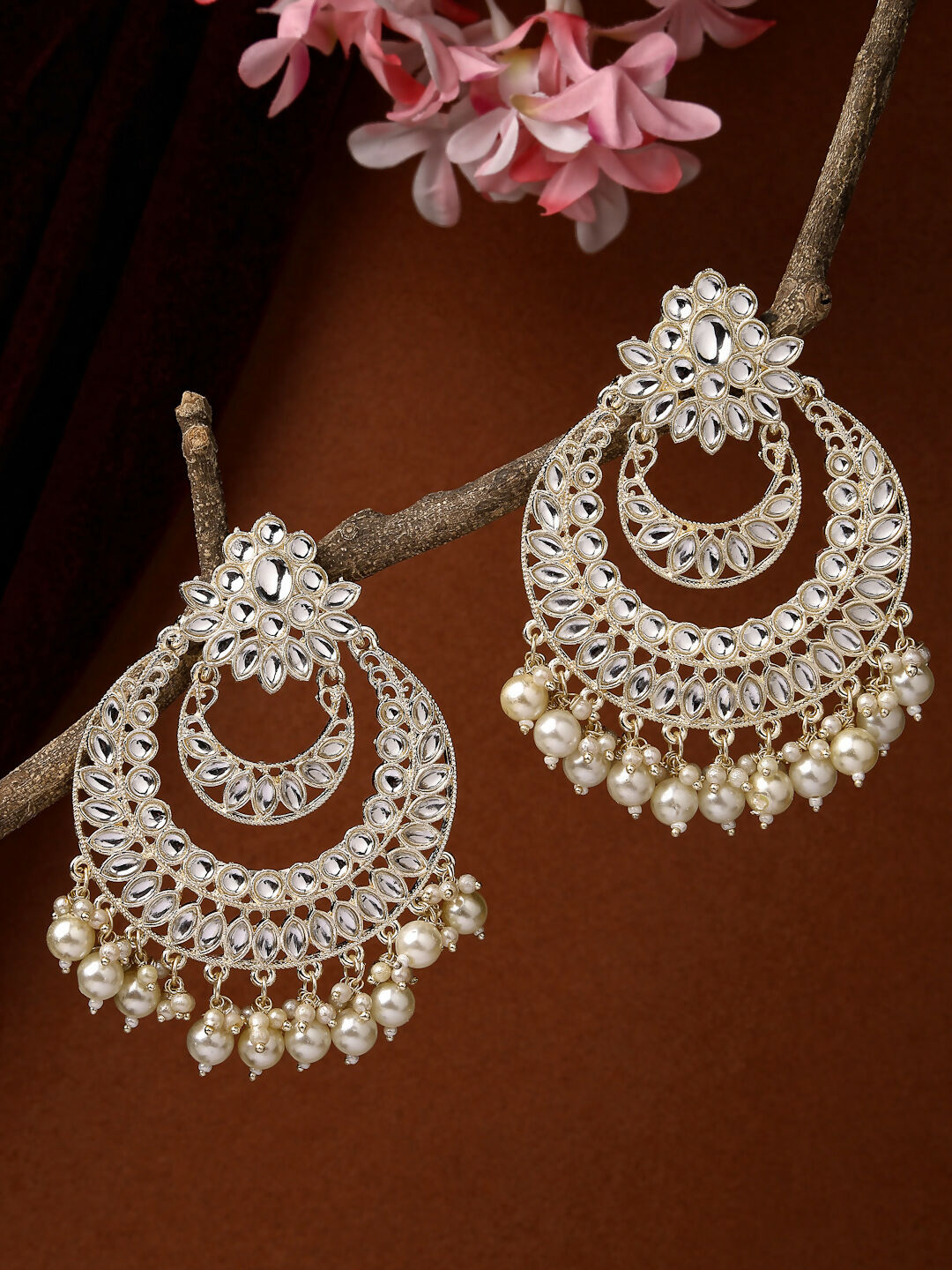 NVR Women Gold-Polished Kundan Handcrafted Chandbalis Earrings | Swadesiicart