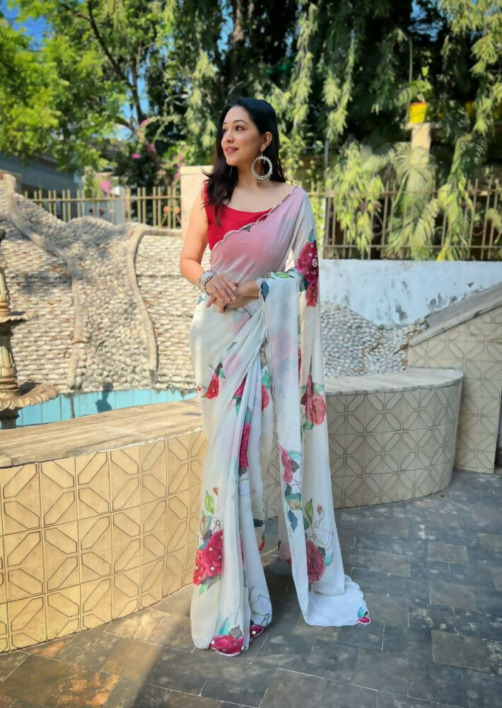Vamsee Snehal White Georgette Saree - Swadesiicart