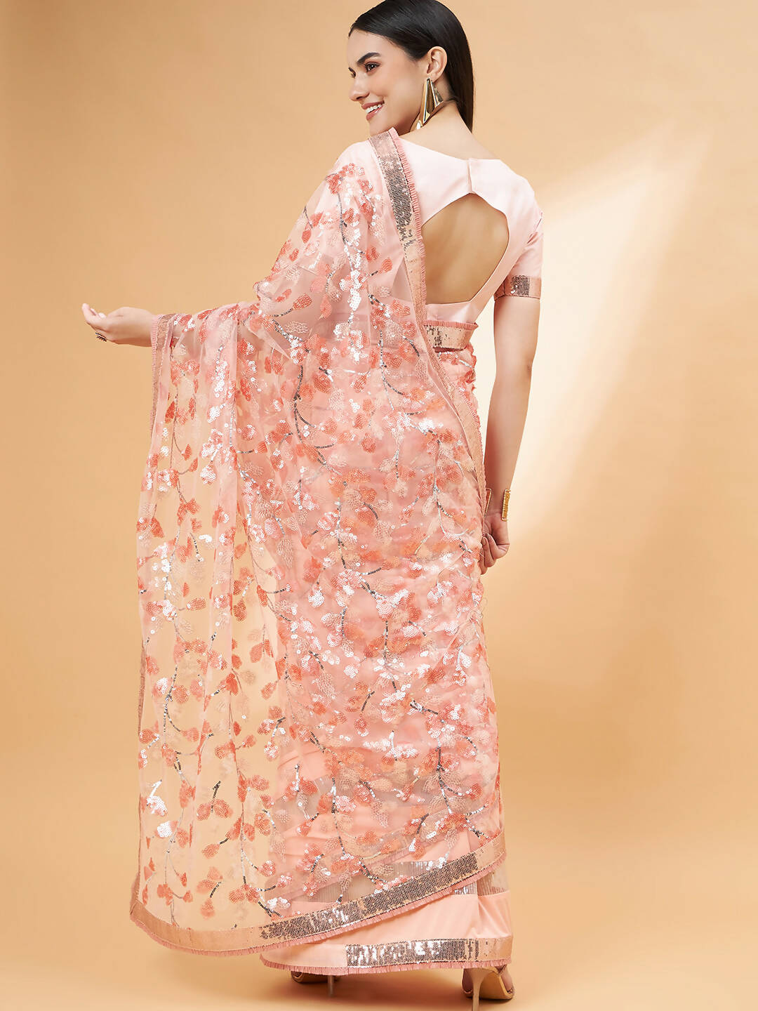 Peach Lycra Sequin Embroidery And Frills Saree - Norita Hit Design - Swadesiicart