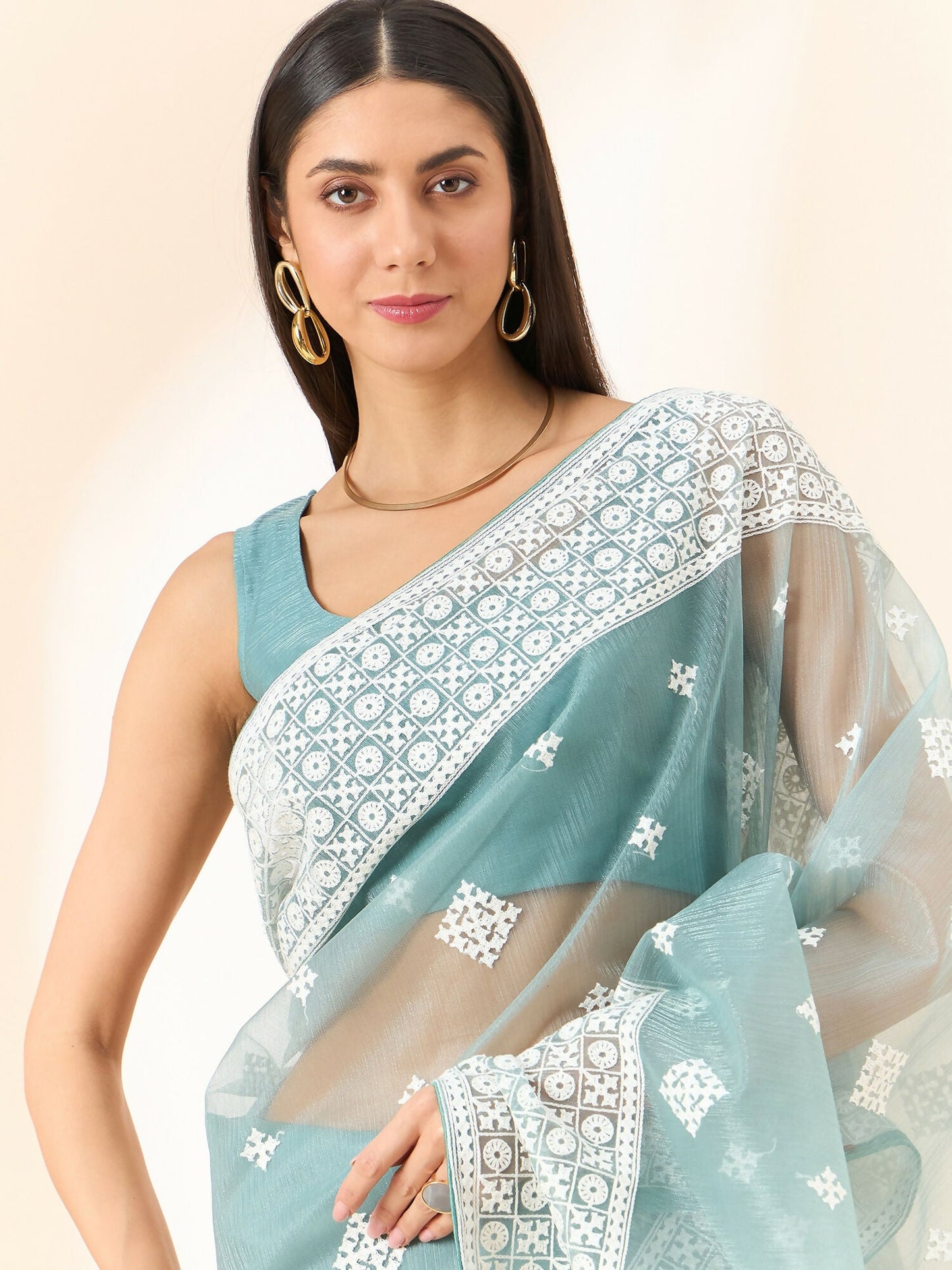 Blue Organza Geometric Embroidered Saree with Unstitched Blouse Piece - Roozal