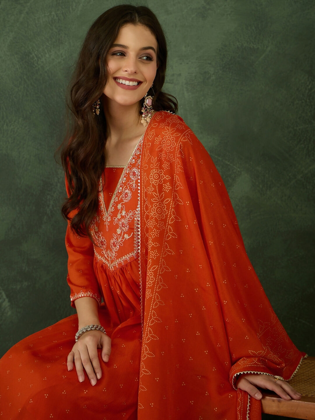 The52 Orange Women's Gorgeous Embroidered Chinon Fabric Flared Kurta Pant and Dupatta Set - Swadesiicart