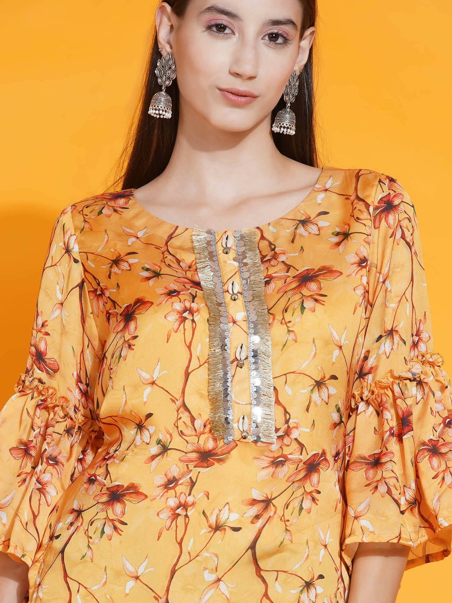Women Republic Yellow Printed Satin Georgette Shirt With Bell Sleeves And Dhoti | Swadesiicart
