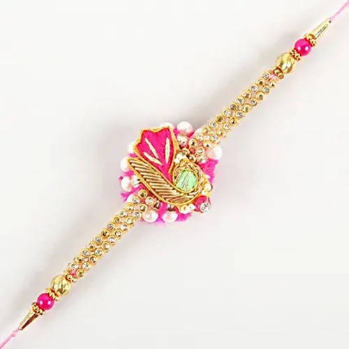 Delightful Pink Zardosi Rakhi & Kaju Katli Box | Swadesiicart