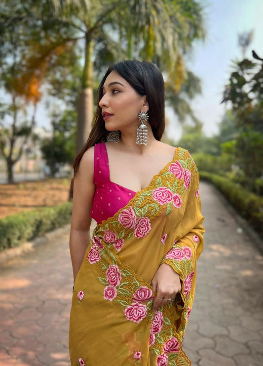 Vamsee Nimrat Mustard Organza Silk Saree - Swadesiicart