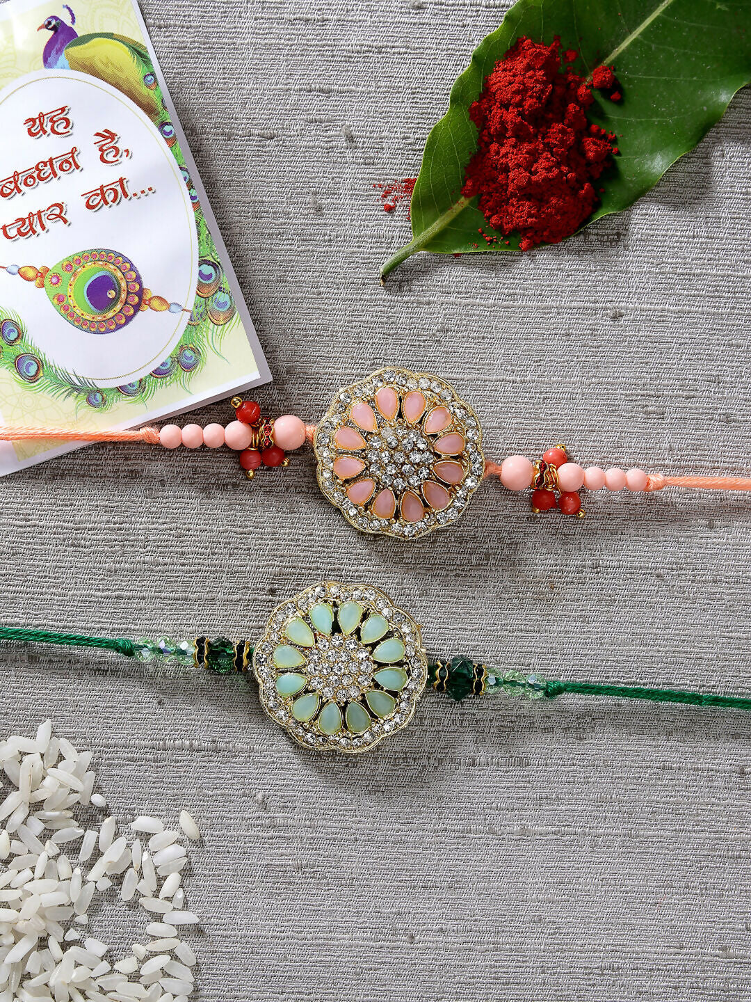 NVR Men Set of 2 Pink & Green Stone-Studded Rakhi With Roli Chawal | Swadesiicart