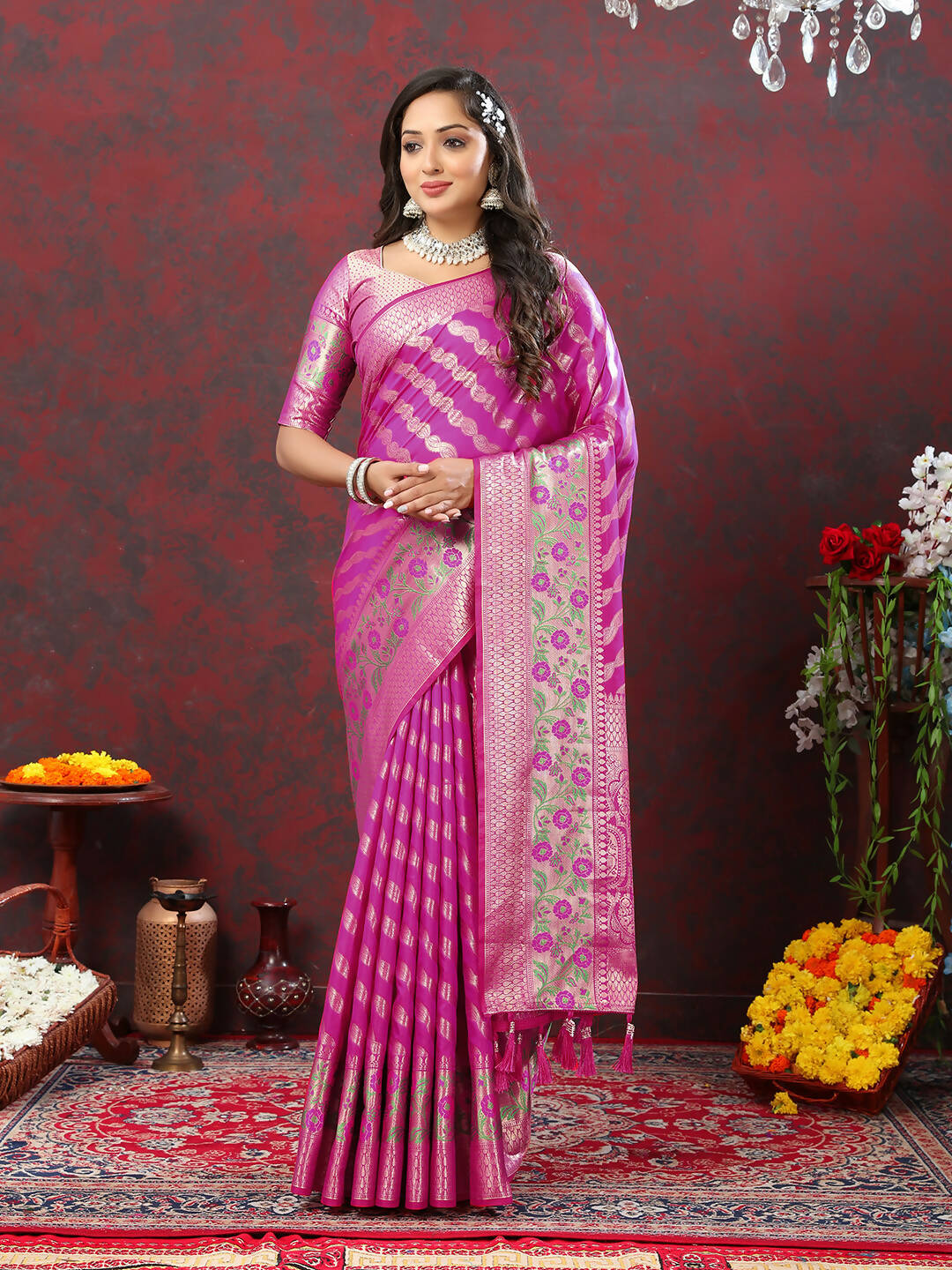 Lorenvalley Fashion Magenta Soft Silk Woven Design with Zari Weaving Leheriya Design Saree - Swadesiicart