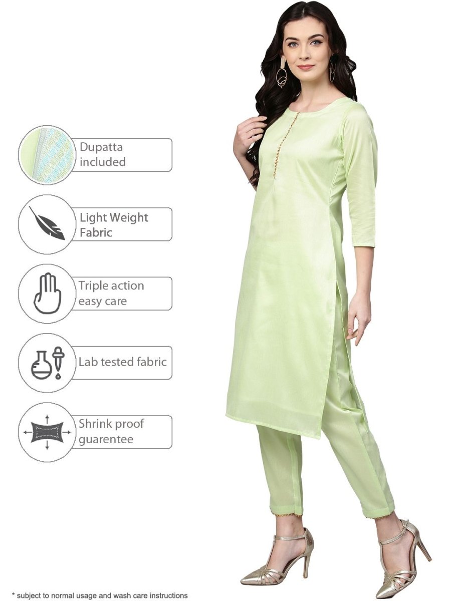 Ahalyaa Women's Sea Green Cotton Blend Solid Kurta Trouser Set With Dupatta | Swadesiicart