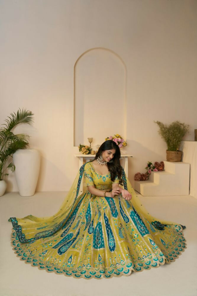 Kesar Fab Yellow Banarasi Silk Embroidered Lehenga | Swadesiicart