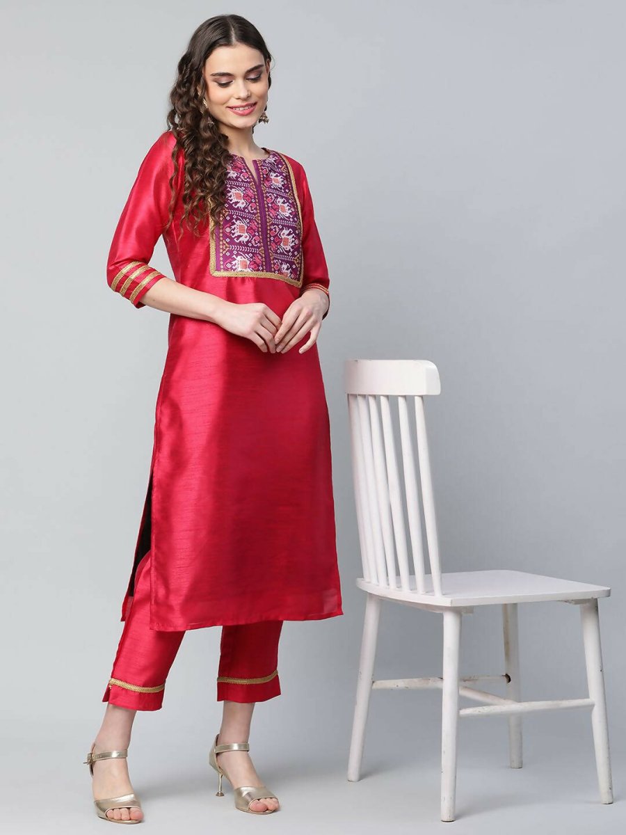 Ahalyaa Womens Red Art Silk Printed Kurta Pant Set | Swadesiicart
