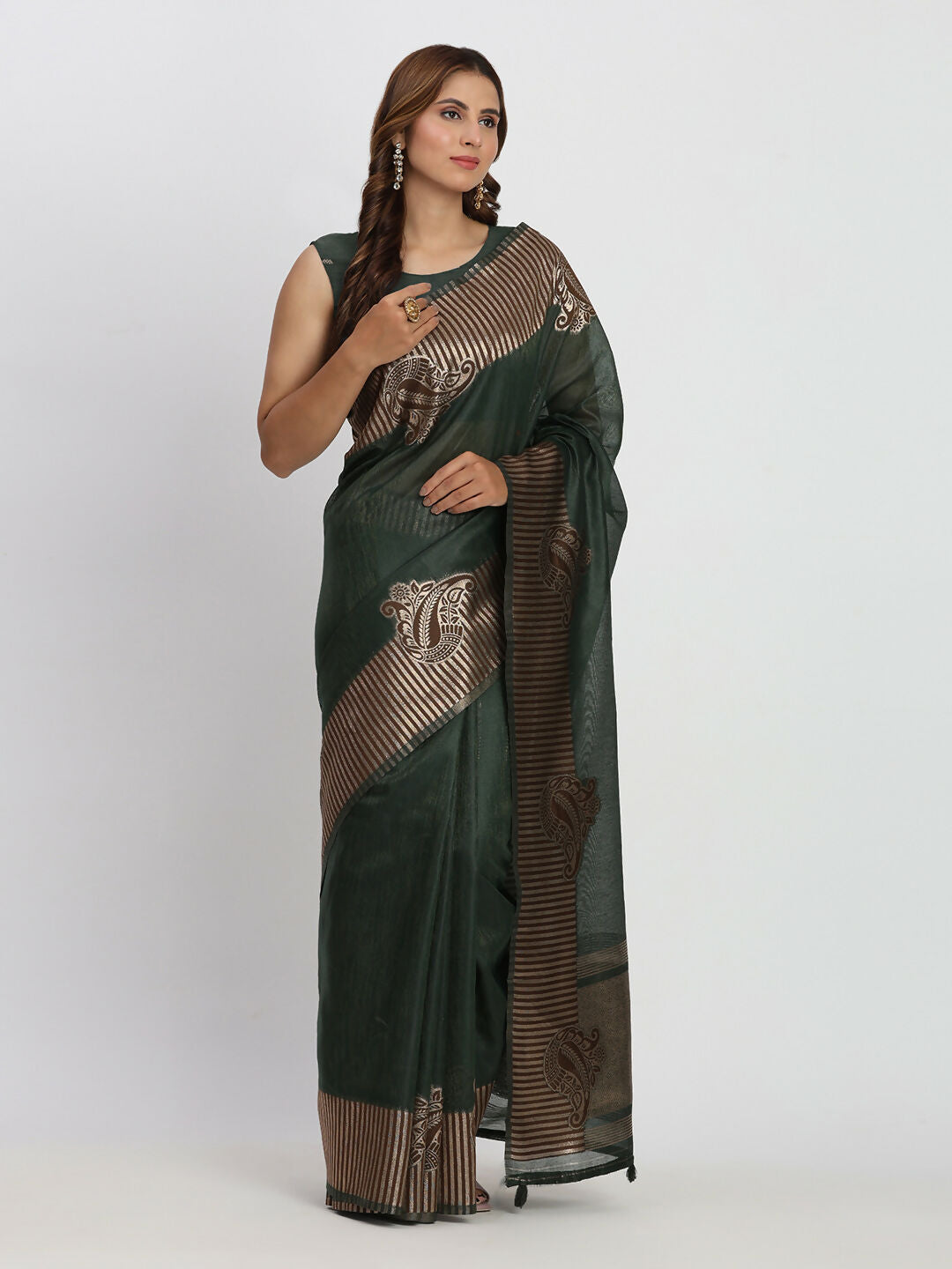 Shree Shyam Fashion Linen Cotton Dark Green Saree