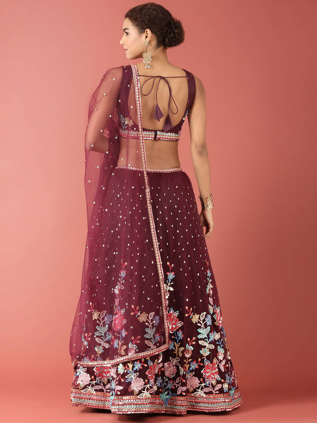 House of Panchhi Burgundy Net Multi colour Thread & Sequinse Work Lehenga & Blouse, Dupatta | Swadesiicart