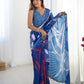 Blue Chinon Designer Digital Printed,Mirror Cut Work Saree - Manvika