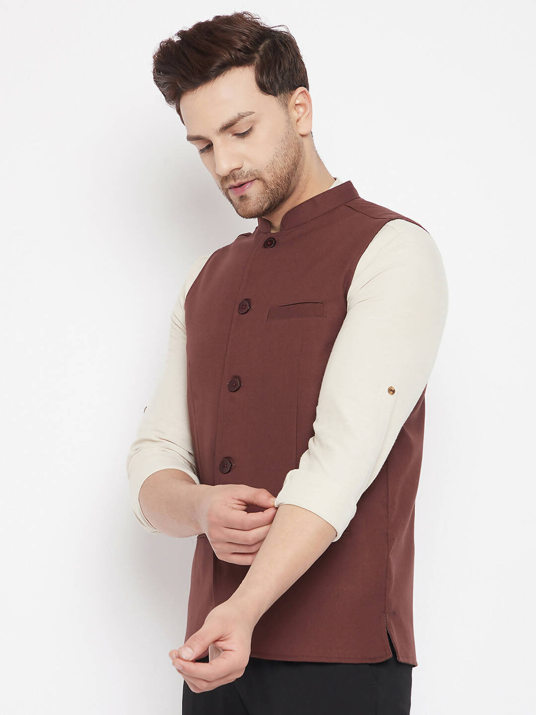 Even Apparels Maroon Merino Men Woven Nehru Jacket | Swadesiicart
