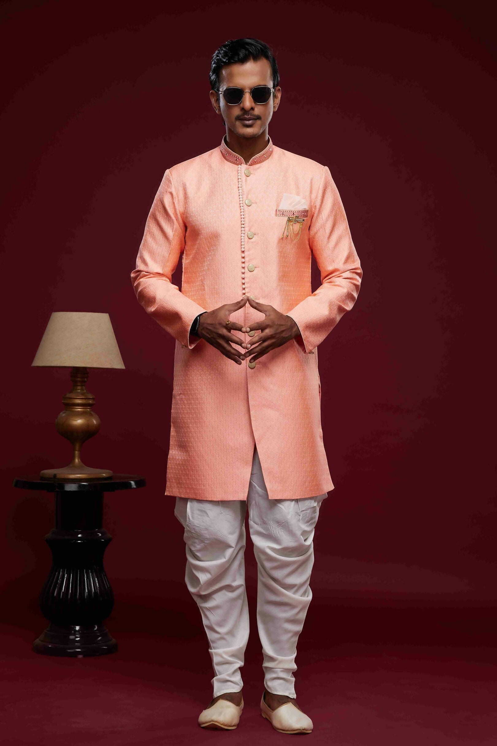 Raivat Ethnic Banarasi Jacquard Embroidery Semi Indo Western Sherwani In Pink Colour | Swadesiicart