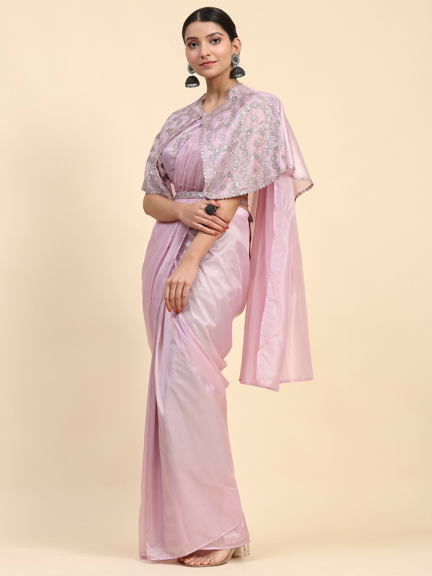 Light Lavendar Satin Solid Ready to wear Saree with stitched Blouse - Vanita | Swadesiicart
