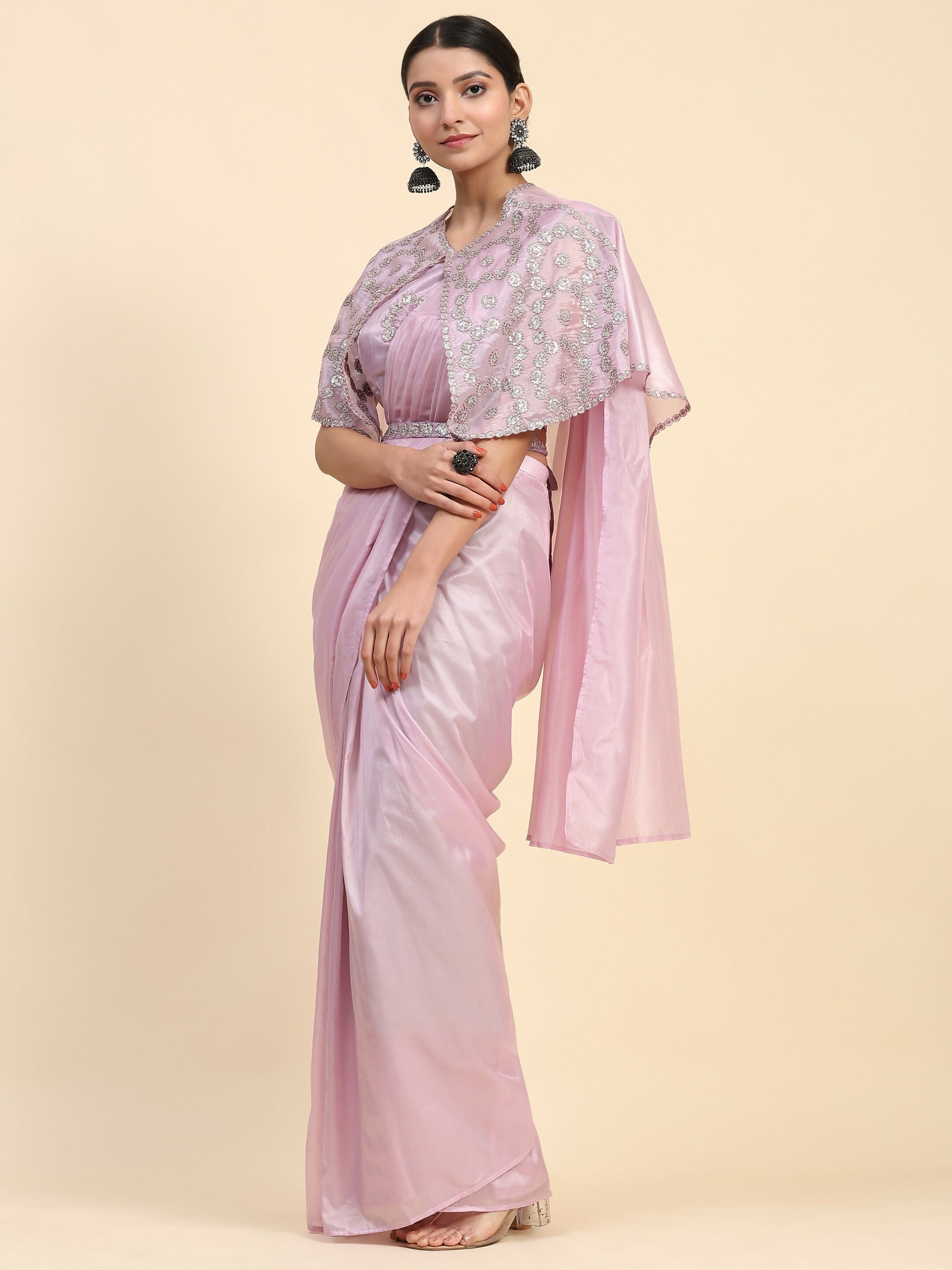 Light Lavendar Satin Solid Ready to wear Saree with stitched Blouse - Vanita | Swadesiicart