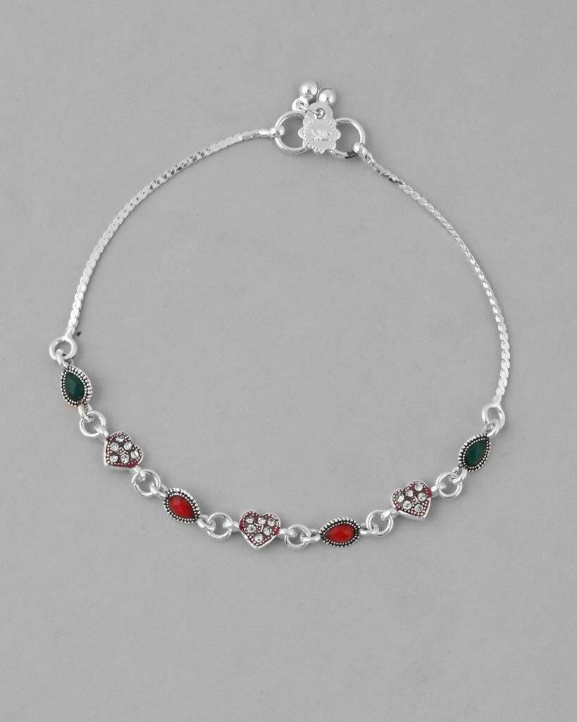 VOJ Set of 2 Silver Plated Heart Shaped Multi Color Anklet - Swadesiicart